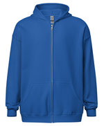 royal blue "Plus-Size Model: Cade" zip hoodie (front)
