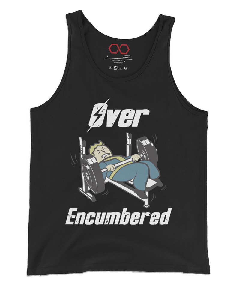 black "Over-Encumbered" tank top