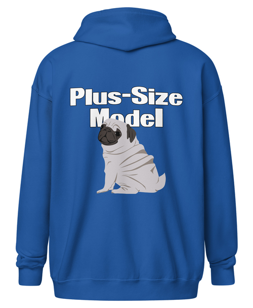 royal blue "Plus-Size Model: Doggo" zip hoodie (back)