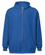 royal blue "Progressive Overloard" zip hoodie (front)