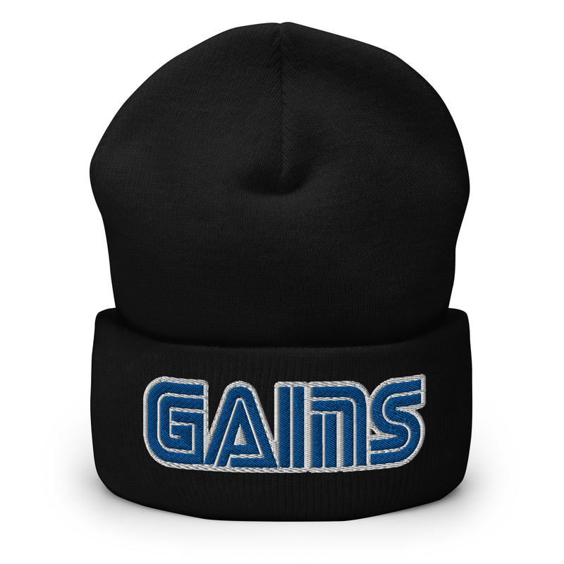 black "GAINS" beanie