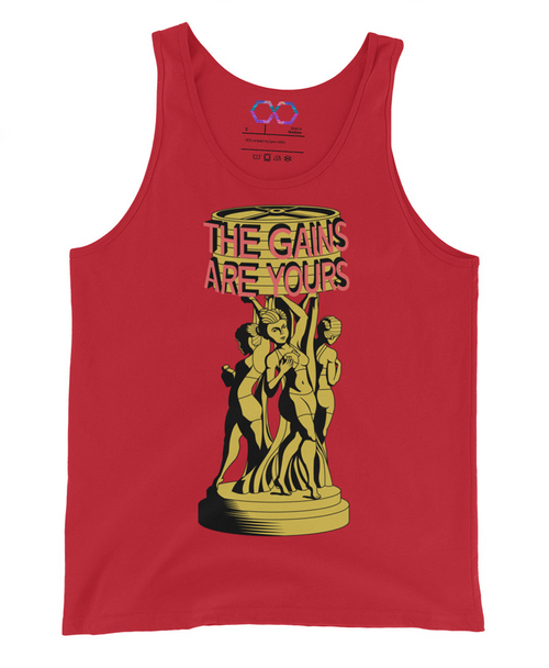 red "The Gains Are Yours" tank top