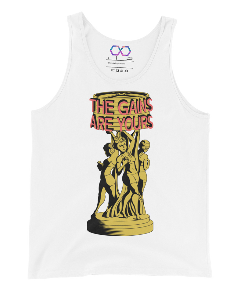 white "The Gains Are Yours" tank top